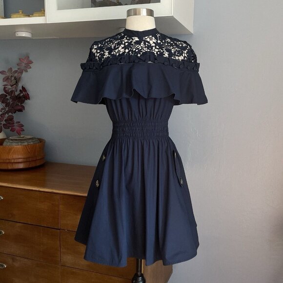 Self-Portrait Dresses & Skirts - Self-Portrait Hudson Lace-Yoke Ruffle Smocked Waist Mini Dress Navy Blue US 2